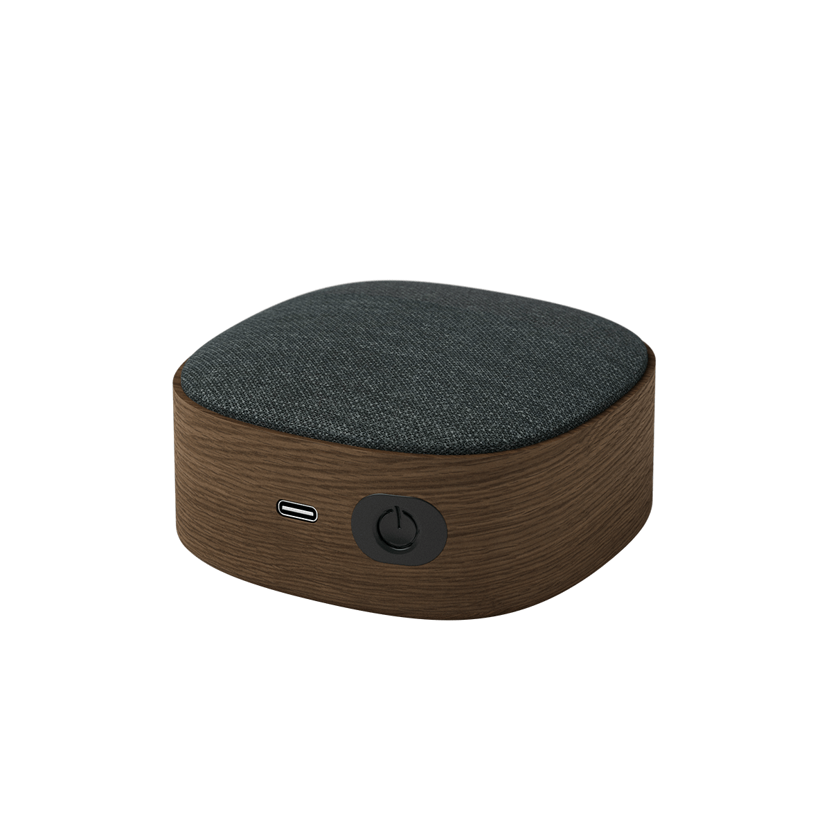 Kompakter Go Wood Lautsprecher mit Rahmen aus geräuchertem Eichenholz und grauer KVADRAT Stoffbespannung | Go Wood - Smoked Oak | SACKit