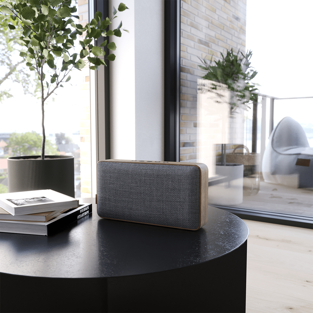 Bluetooth Lautsprecher Move Wood mit Rahmen aus natürlichem Eichenholz und KVADRAT Textilbezug in hellem Design | Move Wood - Smoked Oak | SACKit