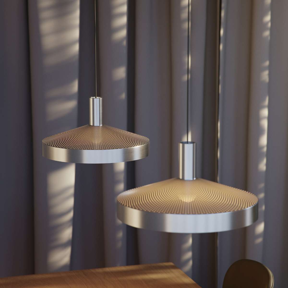 Dawn Pendant Ø40 Hängeleuchte aus poliertem Aluminium mit perforiertem Schirm und 3 Meter Kabel. | Dawn Pendant Ø40 - Polished | SACKit