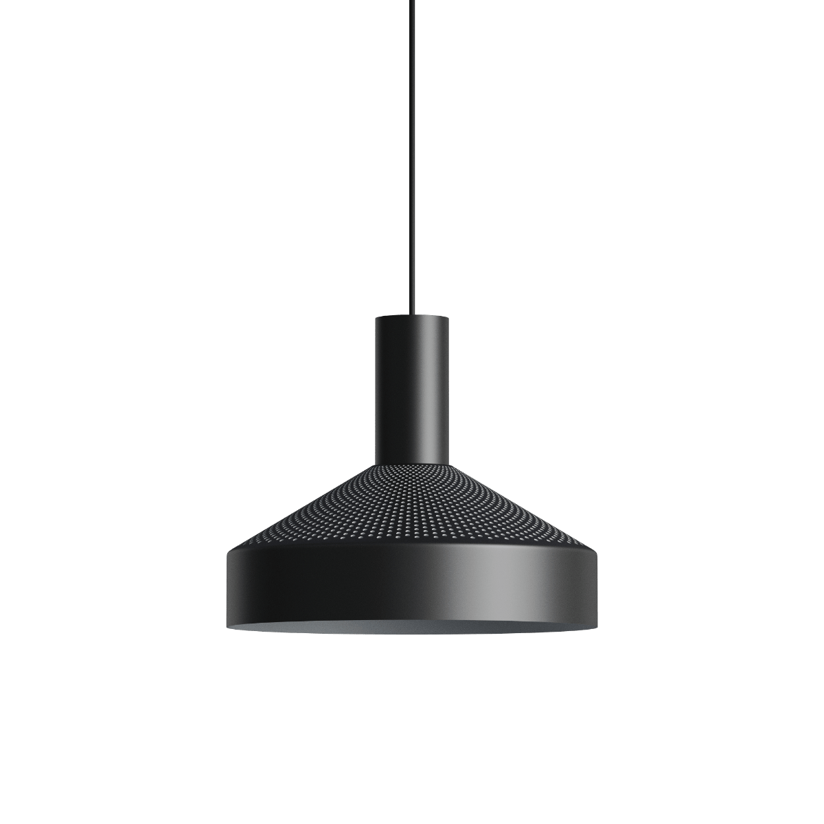 Schwarze Dawn Pendant Hängeleuchte Ø25 mit perforiertem Aluminium und weißem Innenschirm. | Dawn Pendant Ø25 - Black | SACKit