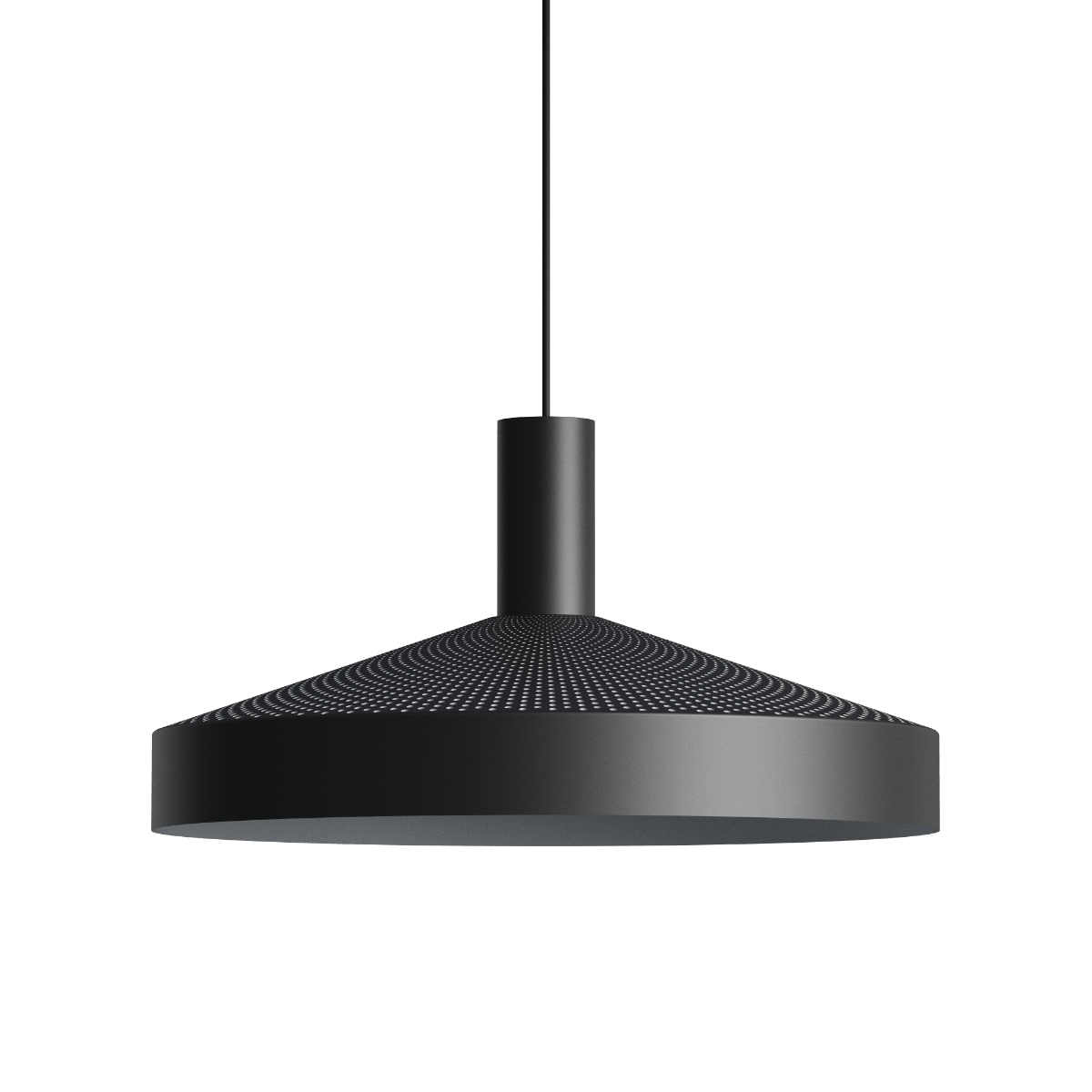 Schwarze Dawn Pendant Ø40 Hängeleuchte aus Aluminium mit perforiertem Design und weiß lackiertem Innenschirm. | Dawn Pendant Ø40 - Black | SACKit