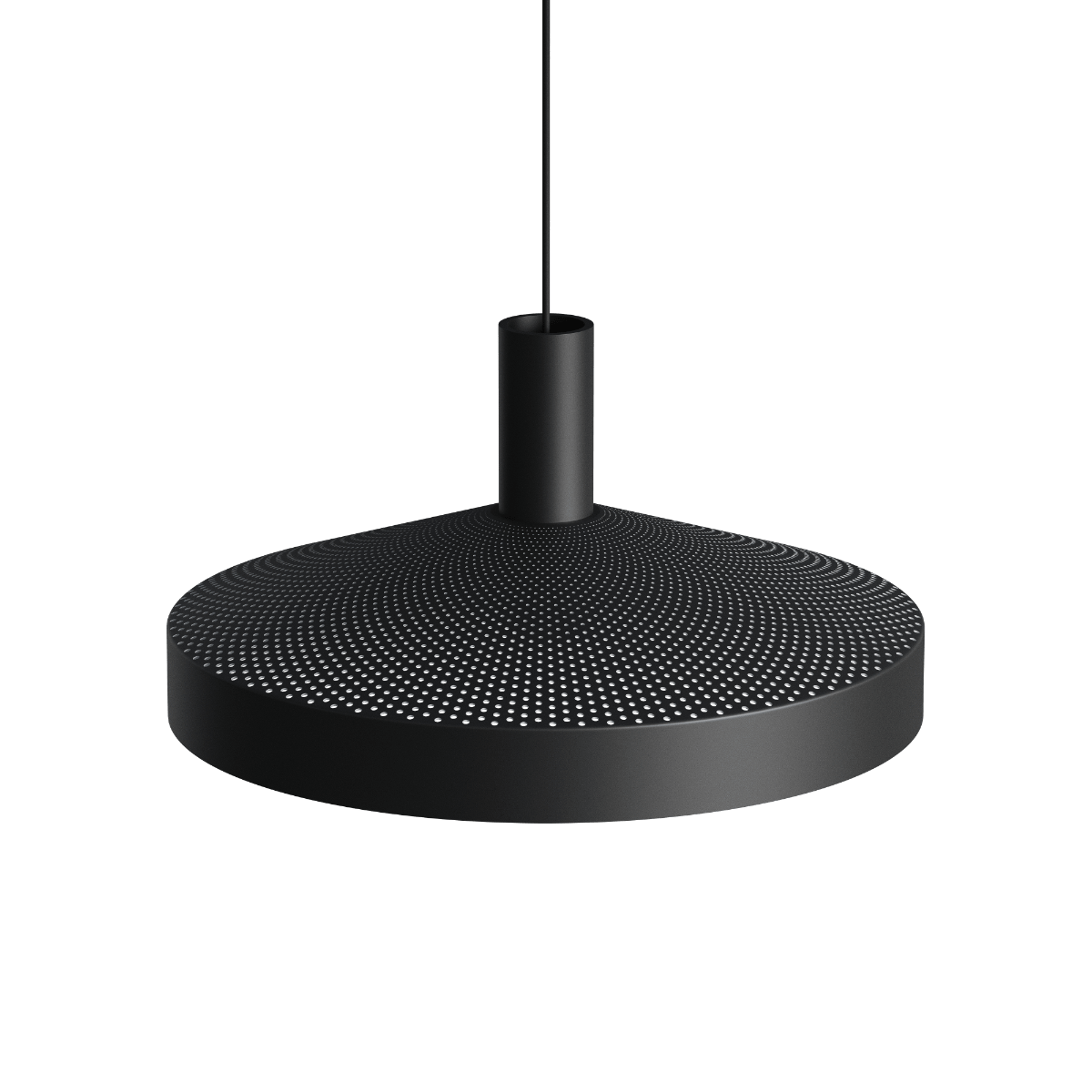 Schwarze Dawn Pendant Ø40 Hängeleuchte aus Aluminium mit perforiertem Design und weiß lackiertem Innenschirm. | Dawn Pendant Ø40 - Black | SACKit