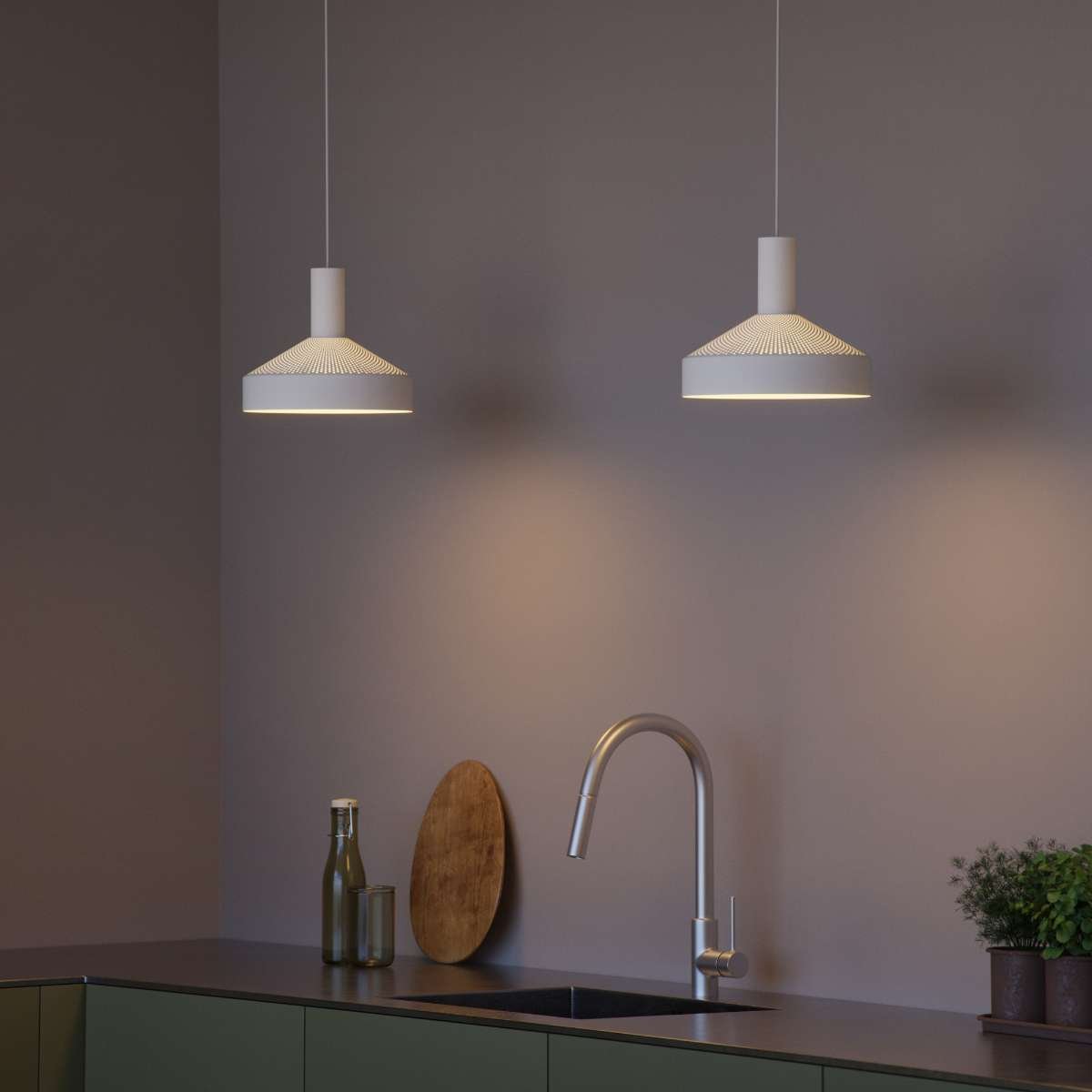 Weiße Dawn Pendant Ø25 Hängeleuchte aus Aluminium mit perforiertem Schirm und 3 Meter Kabel. | Dawn Pendant Ø25 - White | SACKit