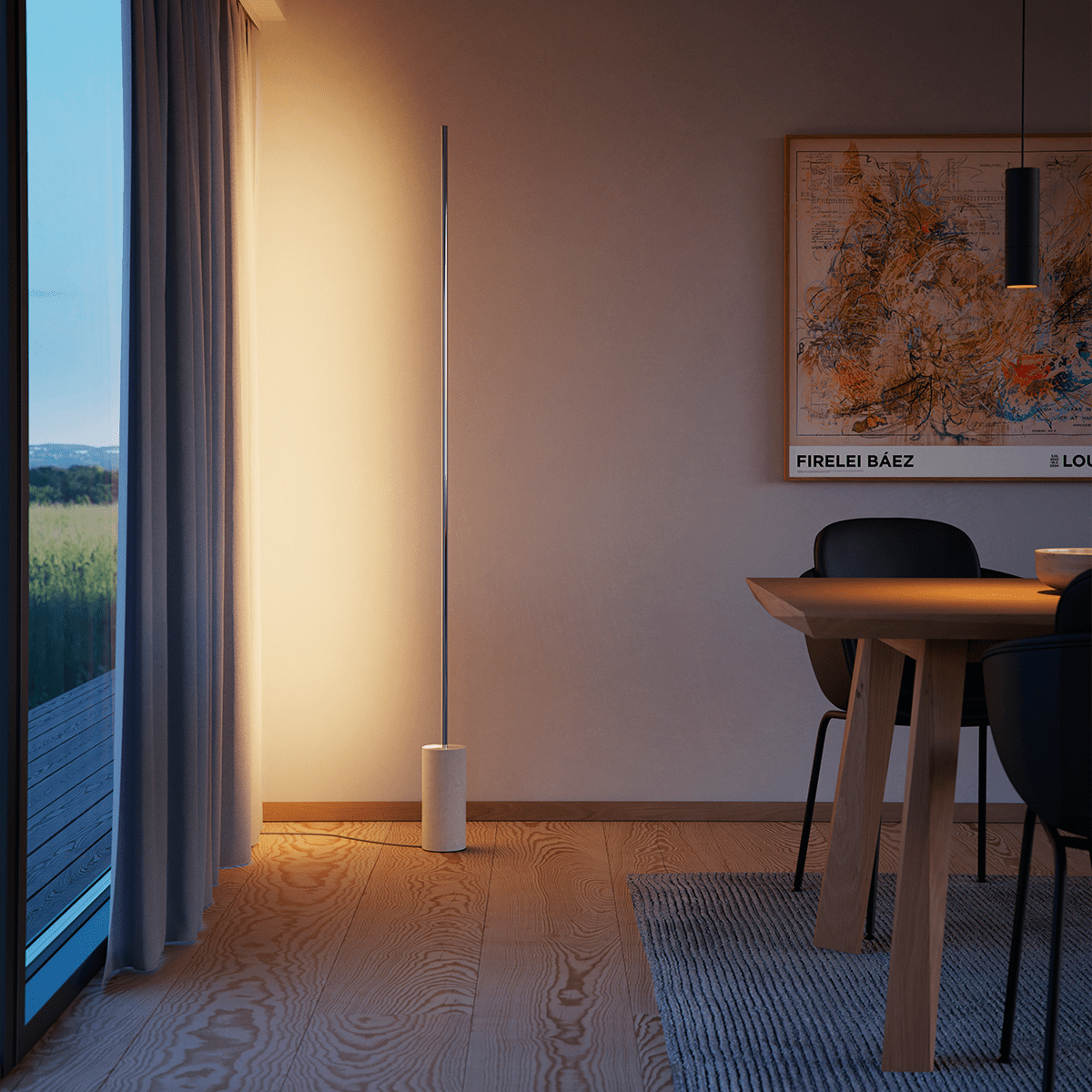 Schlanke Expo 185 Stehleuchte mit poliertem Marmorsockel und vertikalem mattiertem LED - Streifen. | Expo 185 - Polished | SACKit