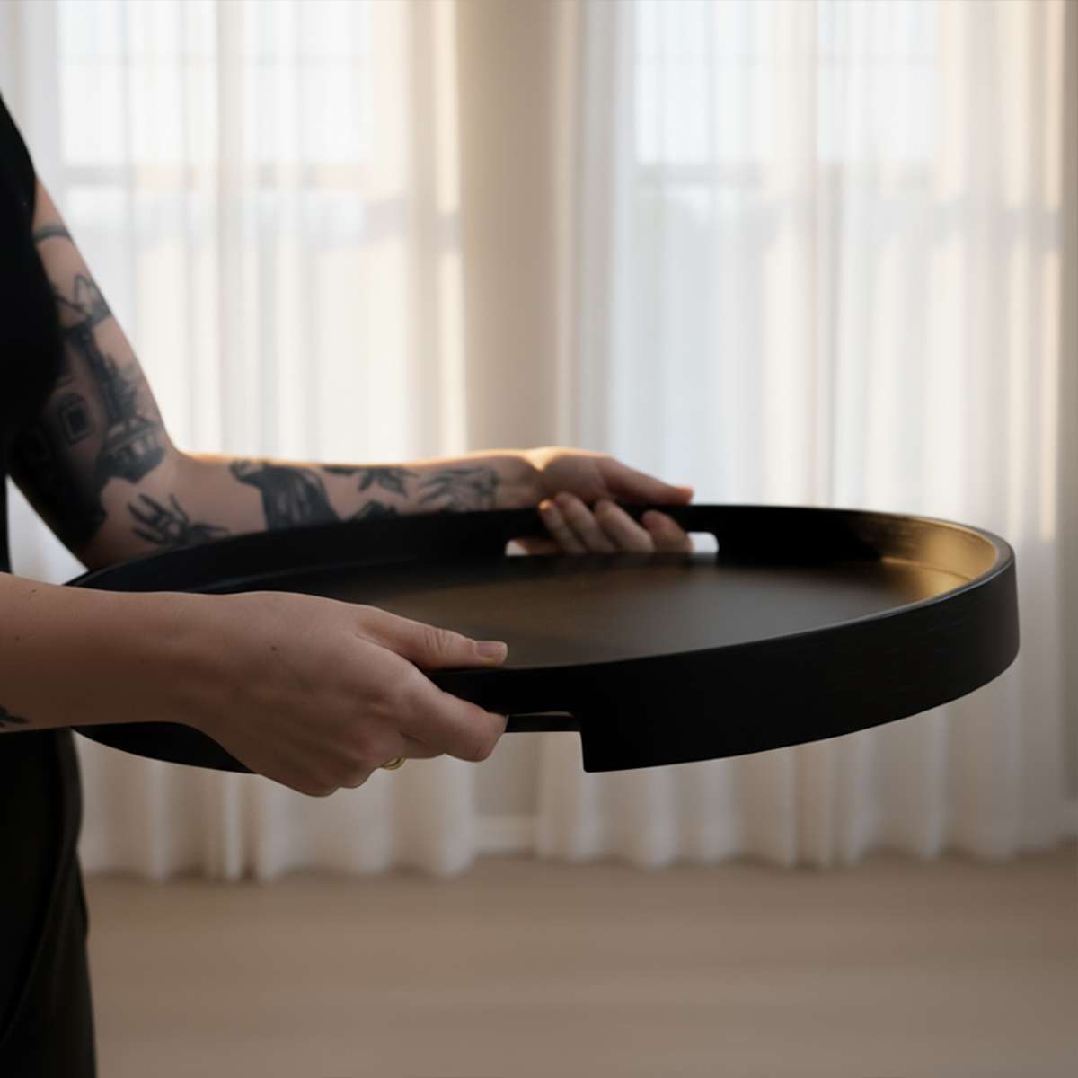 Serving Table w/ Nordic Serving Tray | Serving Table w/ Nordic Serving Tray - Black Stained Oak | SACKit