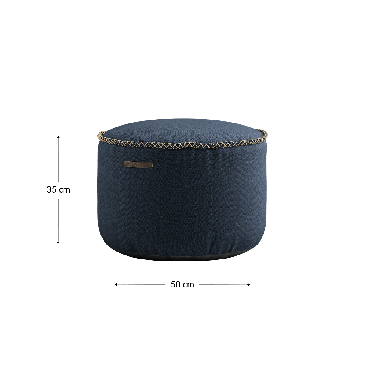 Runder Cura Pouf in dunklem Blau aus recyceltem Polyester mit handgenähten Stichen, 50 x 35 cm. | Cura Pouf - Cura Dark Blue | SACKit
