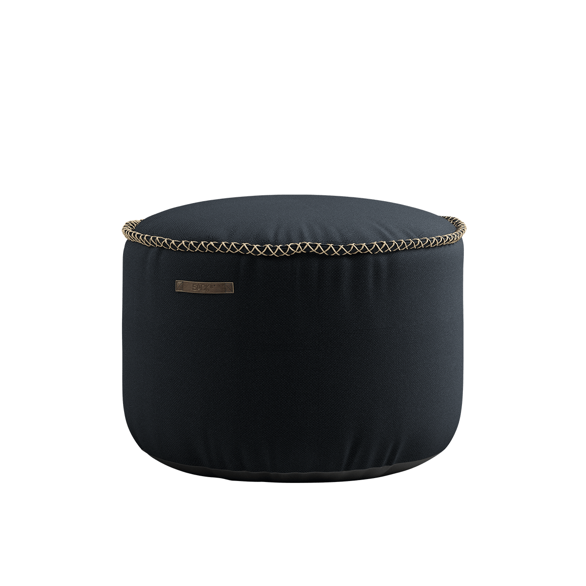 Runder Cura Pouf in schwarzem Cura Polsterstoff mit handgenähten Leinenstichen, 50x35 cm. | Cura Pouf - Cura Black | SACKit