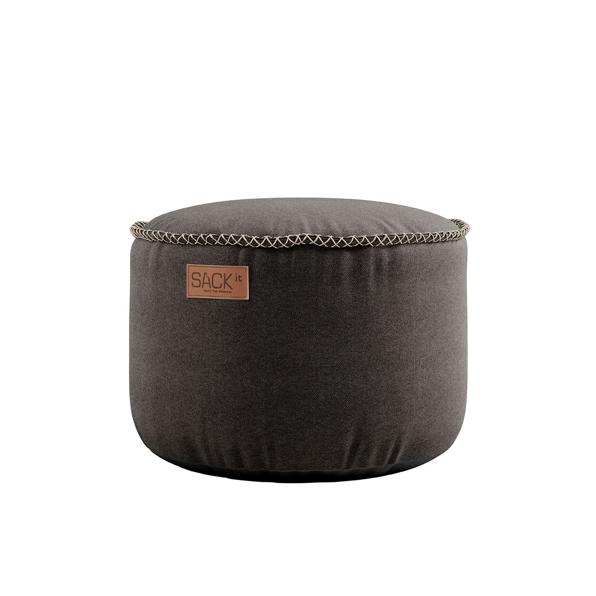 Brauner Canvas Pouf mit handgenähten Stichen, rund und robust, 50 x 35 cm. | Canvas Pouf - Canvas Brown | SACKit