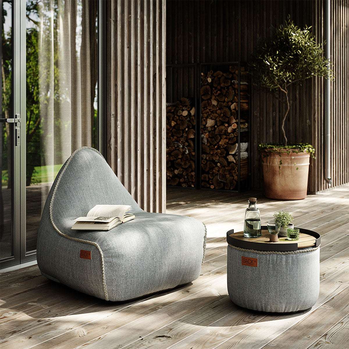 Runder Cobana Pouf in Cobana Grey mit wasserabweisendem Bezug aus Olefin - Fasermischung. | Cobana Pouf - Cobana Sand Melange | SACKit