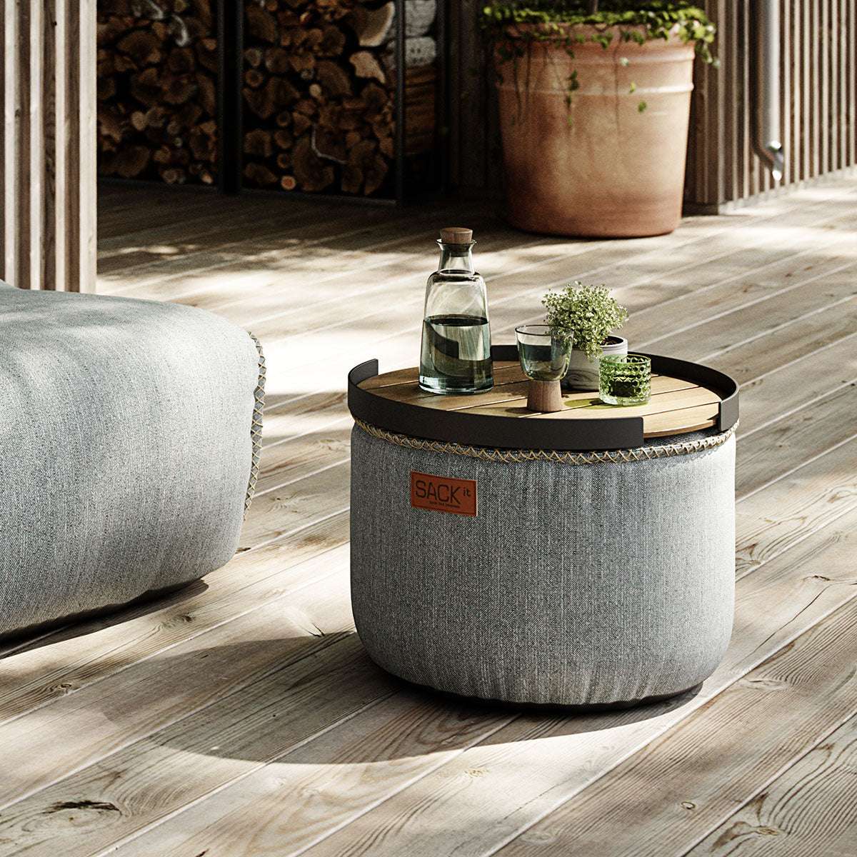 Runder Cobana Pouf in Cobana Grey mit robustem, wasserabweisendem Stoff und EPS - Füllung. | Cobana Pouf - Cobana Sand Melange | SACKit