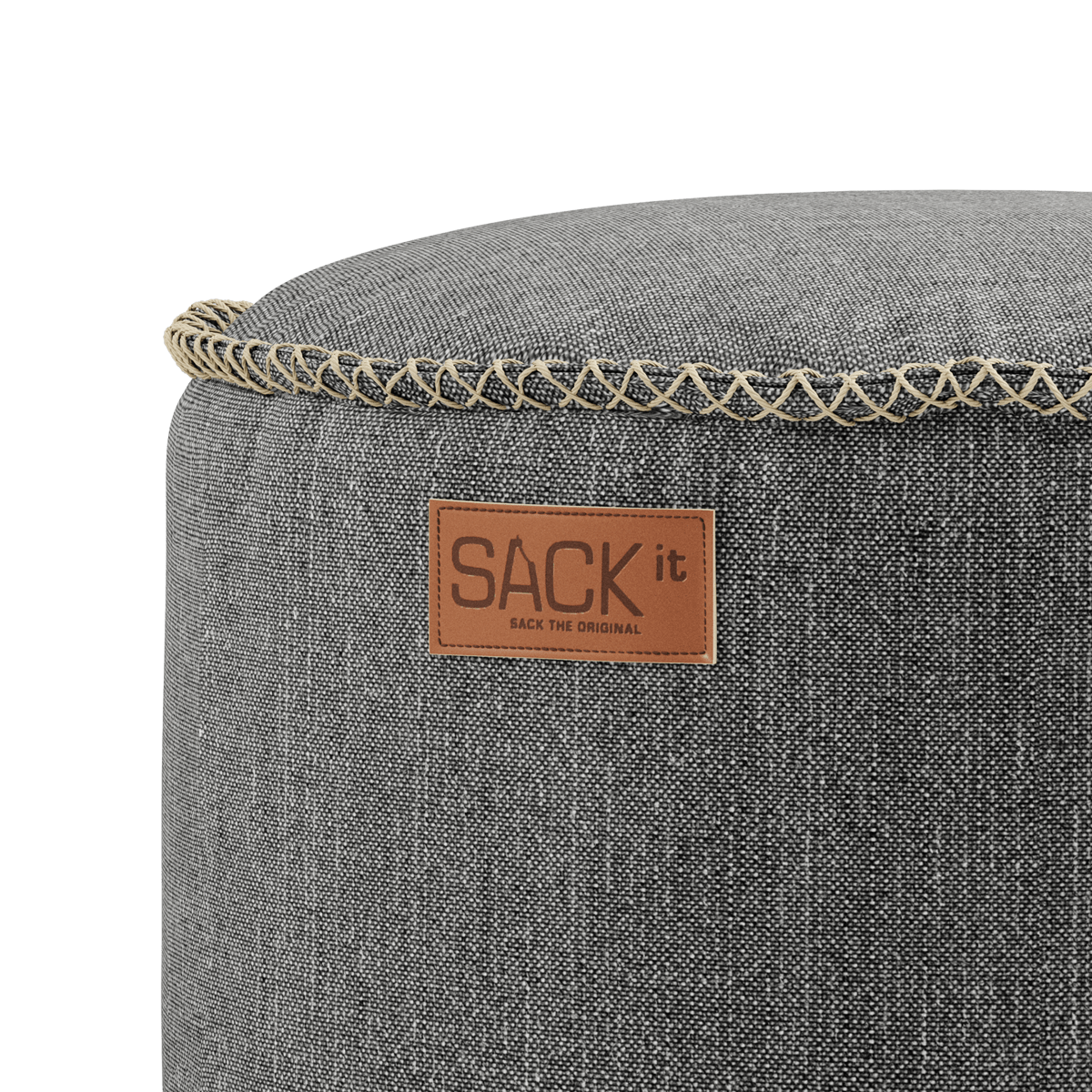 Runder Cobana Pouf in grauem, wasserabweisendem Polsterstoff mit handgenähten Leinenstichen. | Cobana Pouf - Cobana Grey | SACKit