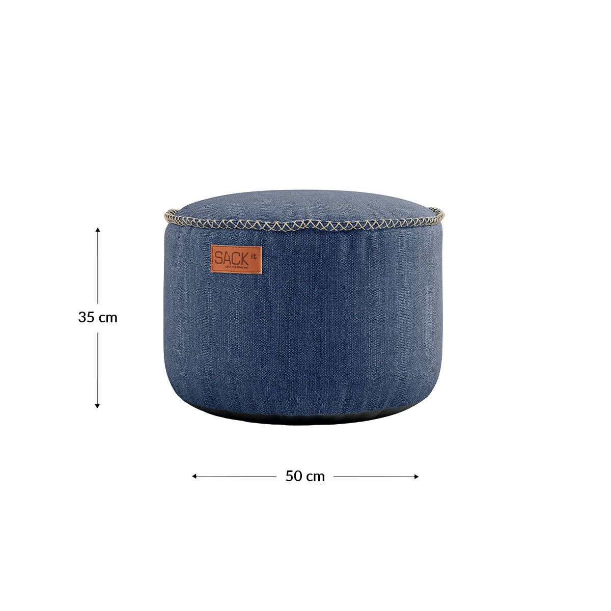 Runder Cobana Pouf in grauem Cobana - Polsterstoff mit handgenähten Details. | Cobana Pouf - Kirra Indigo | SACKit