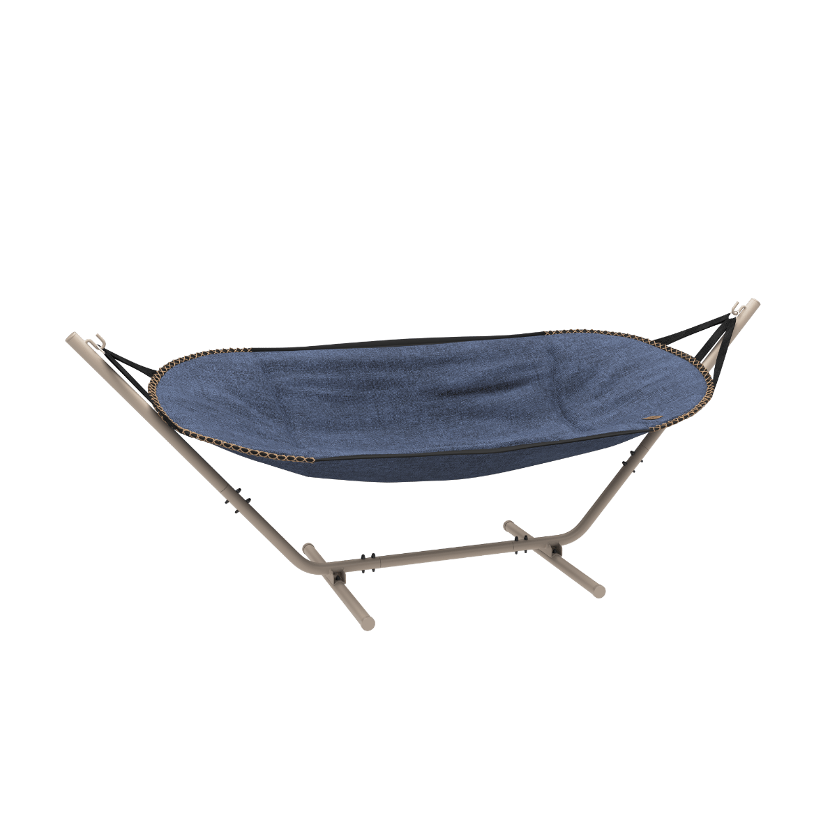 Cobana Hammock mit Kirra Indigo Textil und taupefarbenem Aluminiumgestell als Hängematte und Liege. | Cobana Hammock - Kirra Indigo Taupe | SACKit