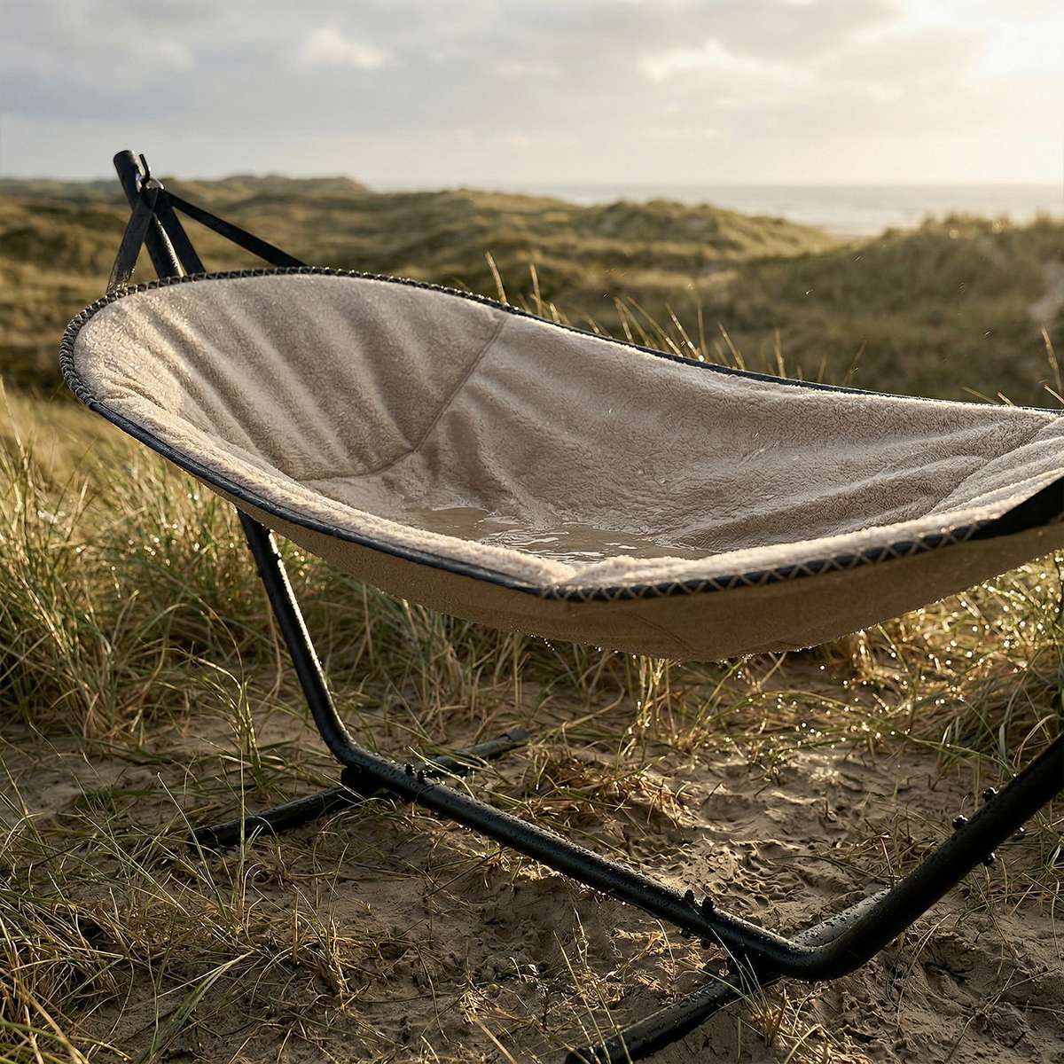 Cobana Hängematte in Cobana Grey mit schwarzem Aluminiumgestell, freistehend im Außenbereich | Cobana Hammock - Kirra Noir Taupe | SACKit