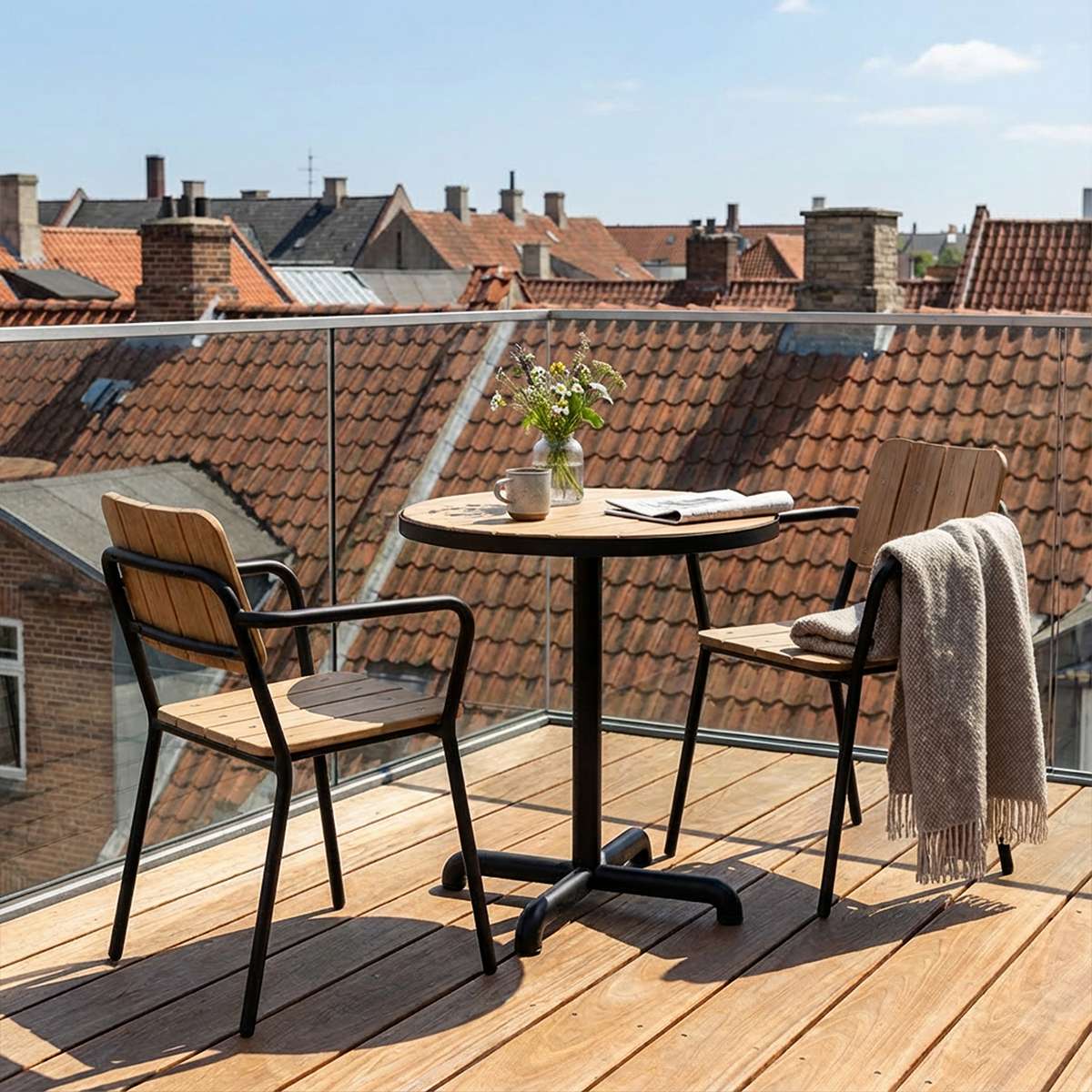 Kirra Café Table aus pulverbeschichtetem Aluminium und FSC - zertifiziertem Teakholz, rund, für den Außenbereich | Kirra Café Table - Noir | SACKit