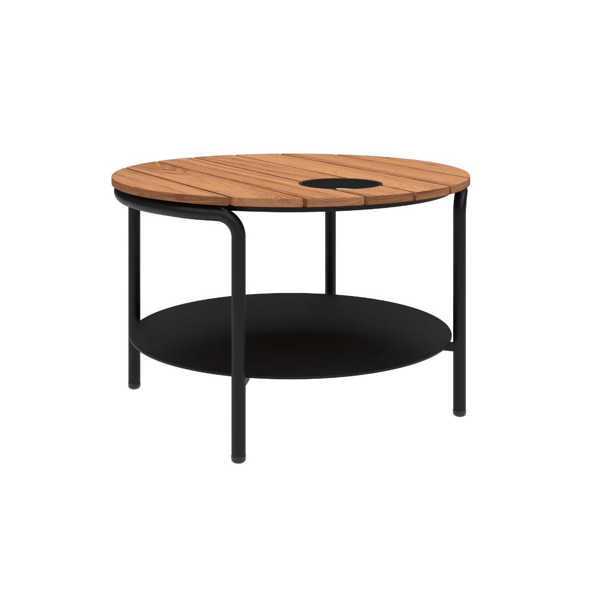 Runder Patio Coffee Table Ø70 mit pulverbeschichtetem Aluminiumrahmen und FSC® - Teakholz, mit Accessory Fit | Patio Coffee Table - Ø70 - Mit Accessory Fit | SACKit
