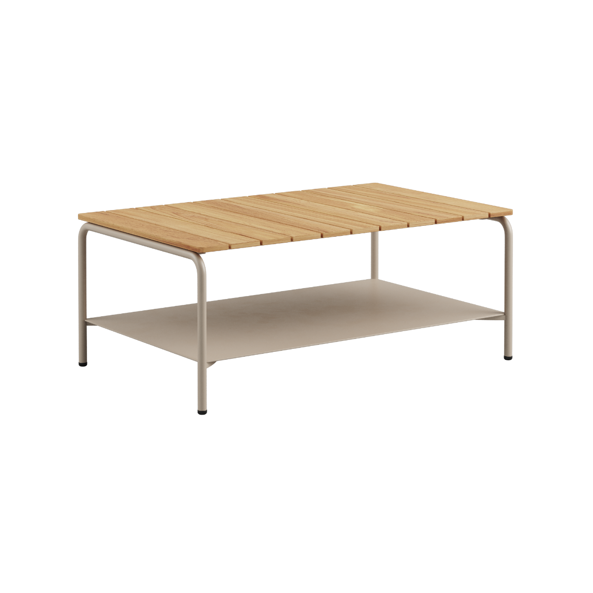Patio Coffee Table 110x70 mit pulverbeschichtetem Aluminiumrahmen und Teakholzplatte in Taupe, Outdoor-Couchtisch