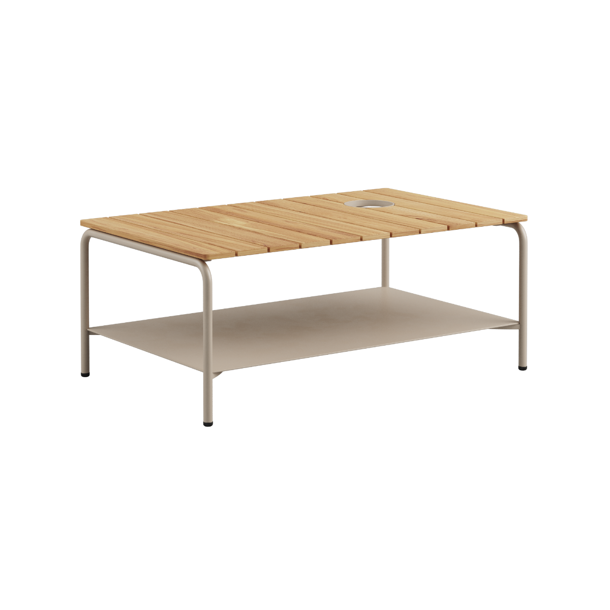 Patio Coffee Table 110x70 in taupe mit pulverbeschichtetem Aluminiumrahmen und Teakholzplatte, Outdoor-Couchtisch