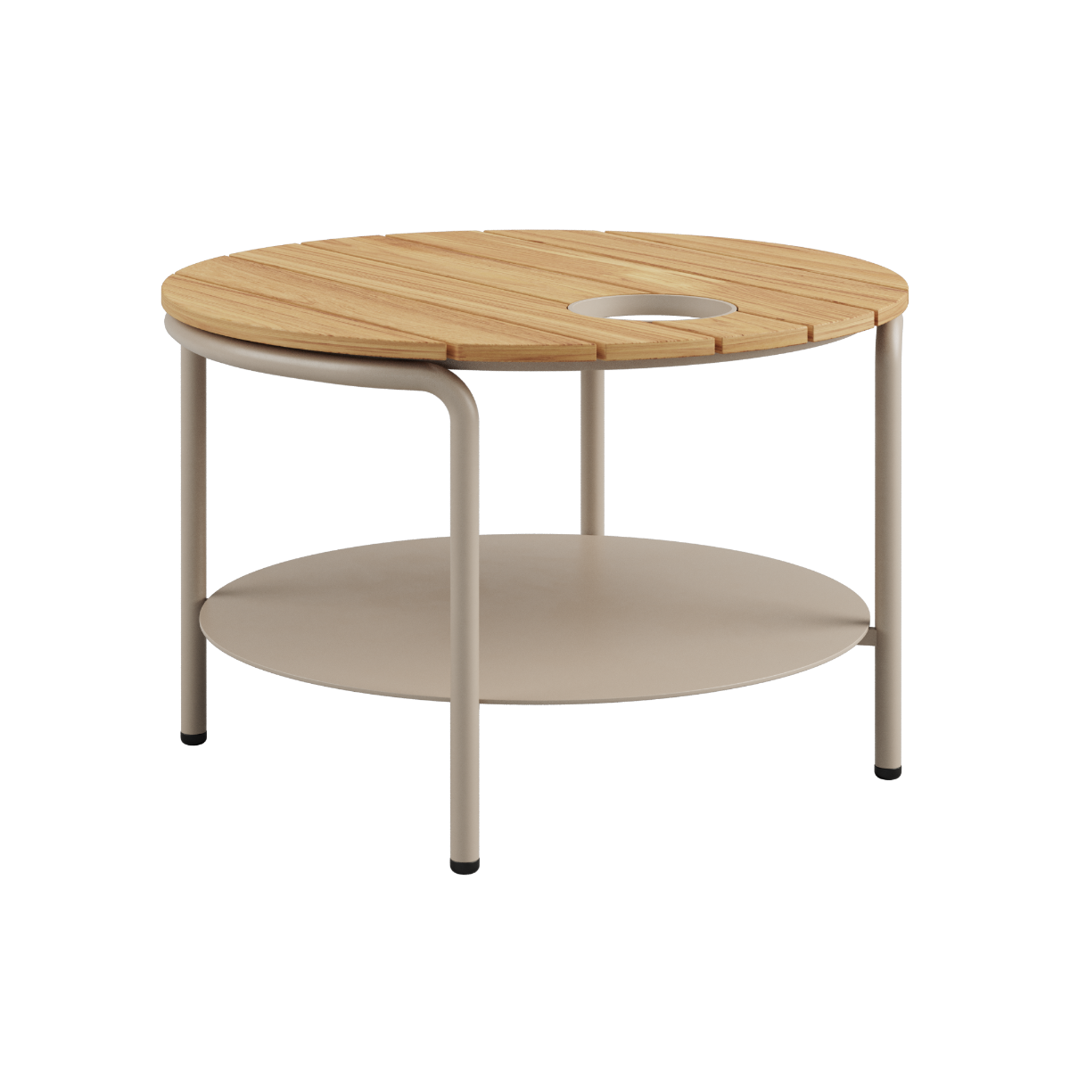 Runder Patio Coffee Table Ø70 in Taupe mit Accessory Fit, Aluminiumrahmen und Teakholzplatte