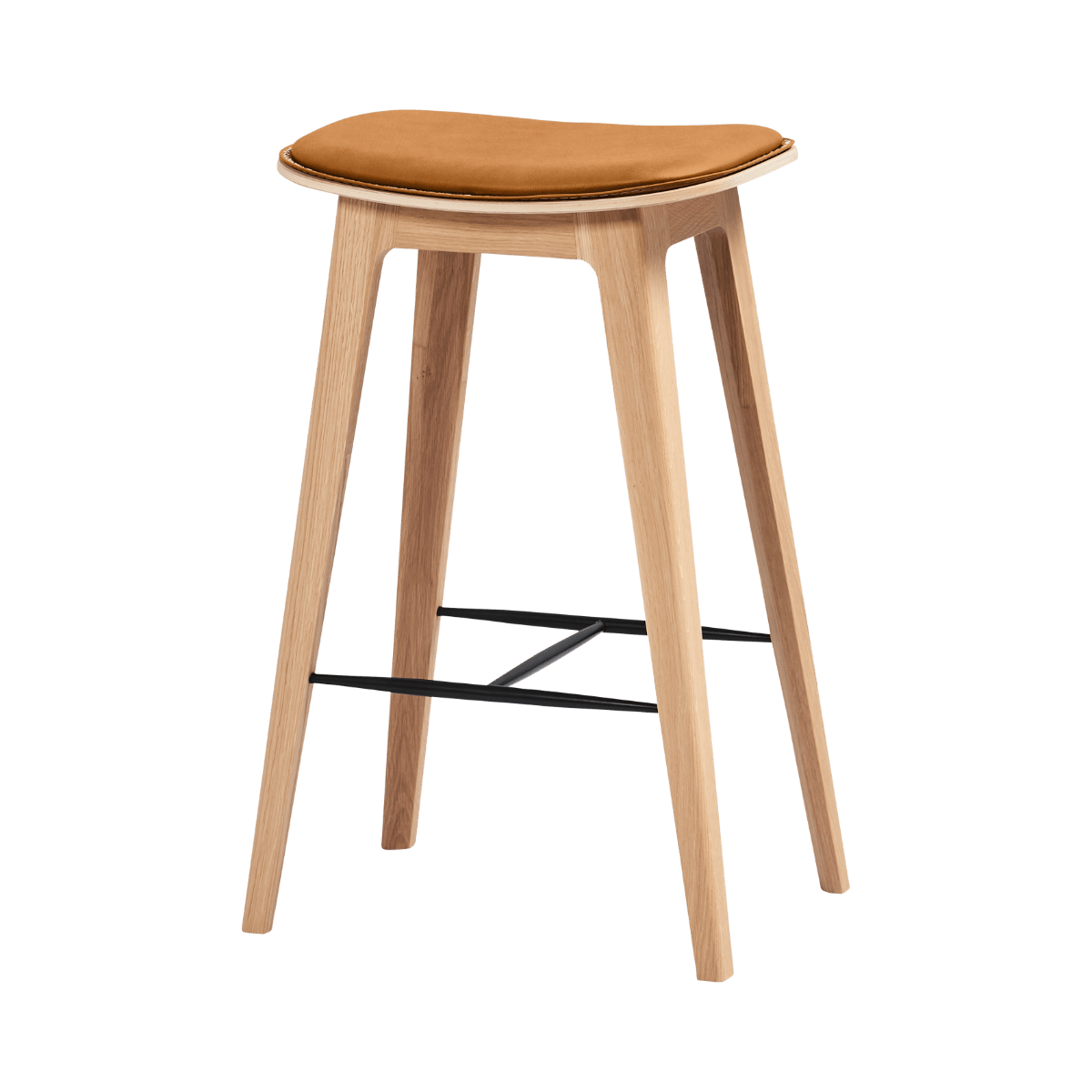 Nordic Bar Stool aus Eiche mit hellbeigem Luna Sandstone Leder und Steppnähten, 73 cm hoch. | Nordic Bar Stool - Oak with stitches - 73 cm Luna Sandstone | SACKit