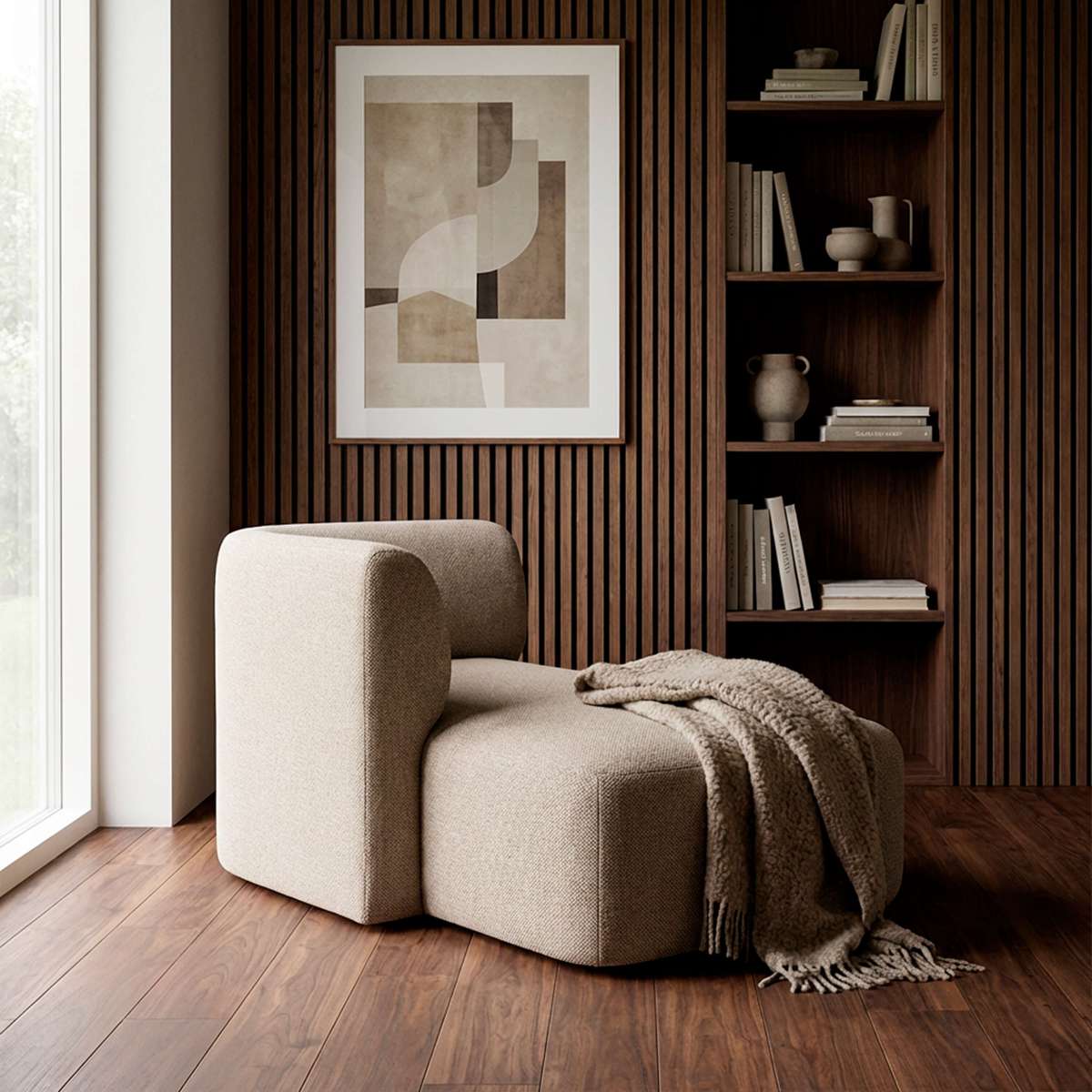 Fjord Sofa mit rechter Chaiselongue in warmem Cosmo Mustard Stoff mit weichen Linien und abgerundeten Kanten | Fjord Sofa - Chaise Right - Cosmo Beige | SACKit