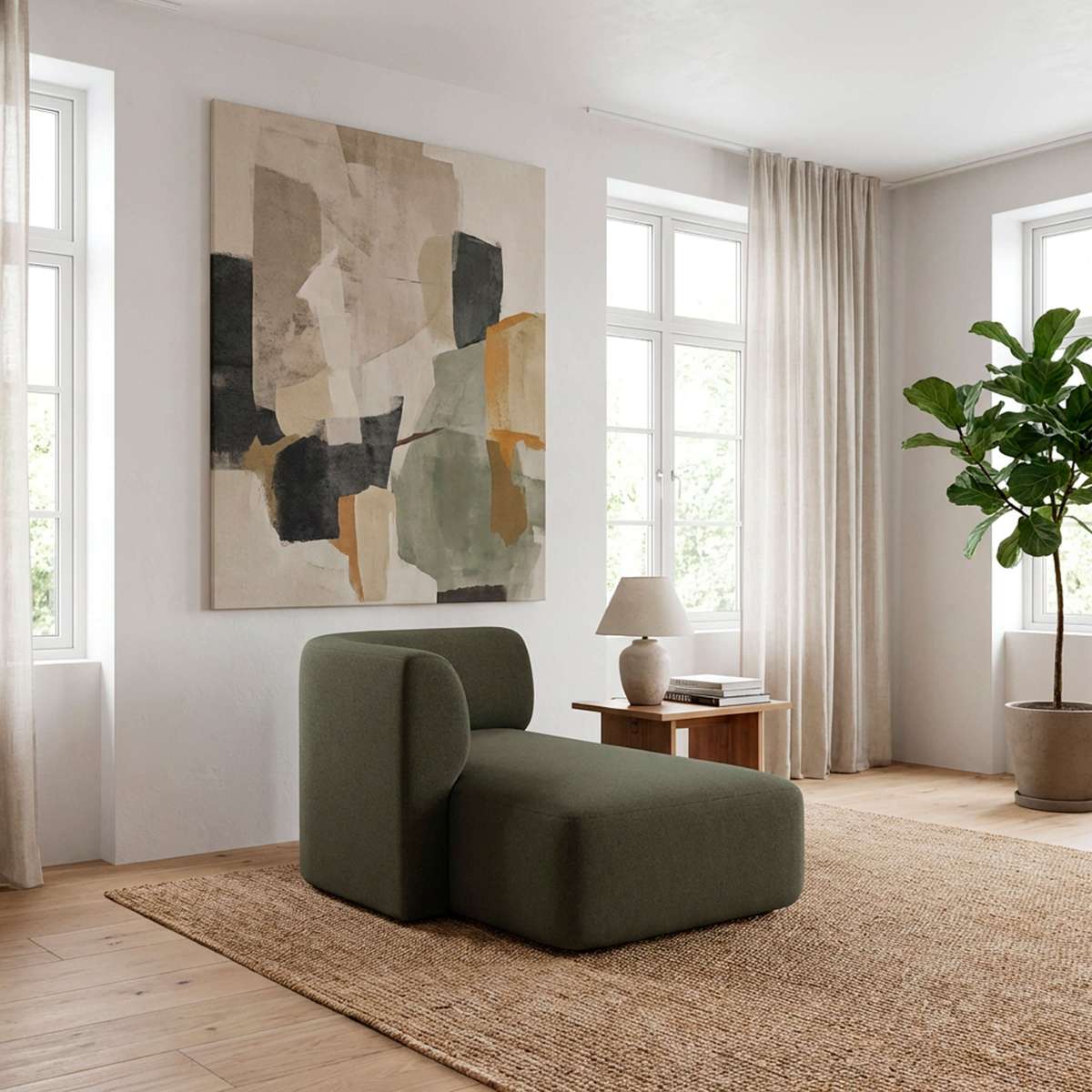 Fjord Sofa mit rechter Chaiselongue in Cosmo Mustard, skandinavisches Design mit weichen Linien und abgerundeten Kanten | Fjord Sofa - Chaise Right - Cosmo Olive | SACKit