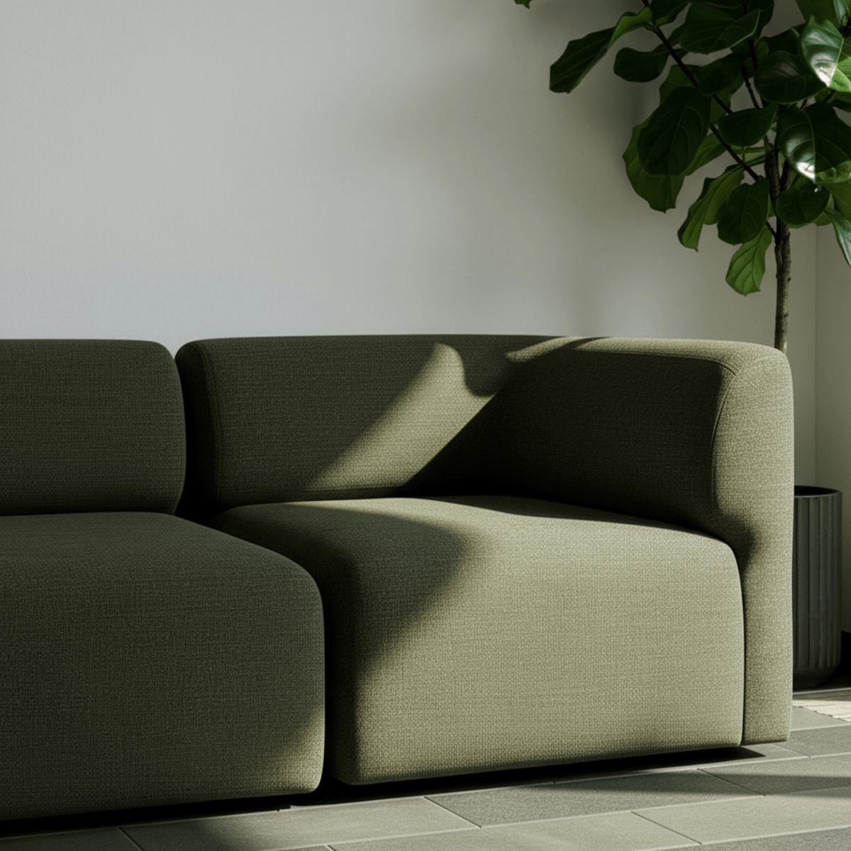 Rechtes Eckmodul des Fjord Sofas in hellem, weichem Stoff mit skandinavischem Design | Fjord Sofa - 3 seater - Cosmo Olive Mit Hocker | SACKit