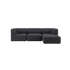 Dunkelgraues dreisitziges Fjord Sofa von sackit mit modularer Form und gemütlicher Polsterung sowie rechter Ottomane vor schwarzem Hintergrund | Fjord Sofa - 3 seater - Cosmo Slate Mit Hocker | SACKit