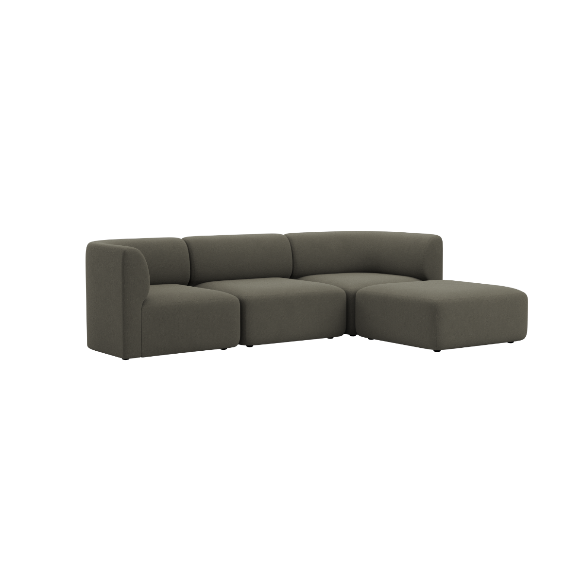 Dunkelgraues dreisitziges Fjord Sofa von sackit mit weichen abgerundeten Polstern und großzügigem Longchair für skandinavisches Wohnen | Fjord Sofa - 3 seater - Cosmo Stone Mit Hocker | SACKit