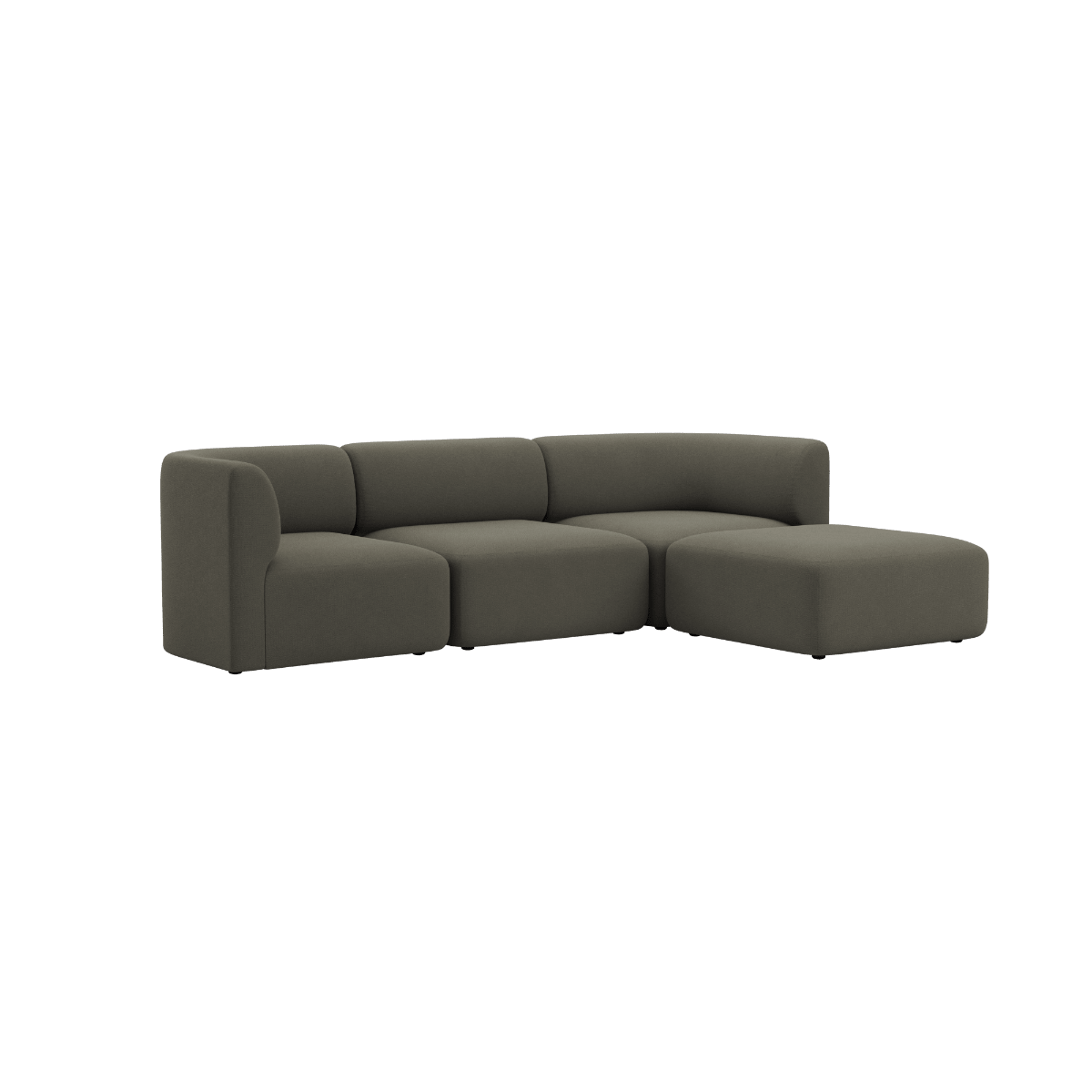 Dunkelgraues dreisitziges Fjord Sofa von sackit mit weichen abgerundeten Polstern und großzügigem Longchair für skandinavisches Wohnen | Fjord Sofa - 3 seater - Cosmo Stone Mit Hocker | SACKit