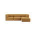 Dreisitziges Fjord Sofa von sackit in warmem Cognacbraun mit weich gepolsterter Sitzfläche und abgerundeten Armlehnen vor schwarzem Hintergrund | Fjord Sofa - 3 seater - Cosmo Mustard Mit Hocker | SACKit