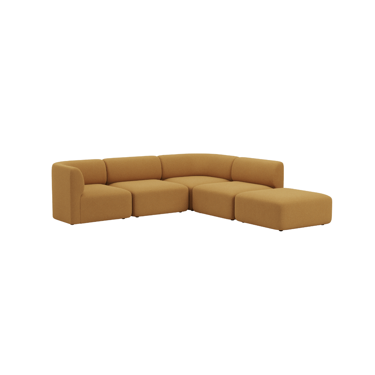 Senfgelbes Ecksofa mit offenem Abschluss und weichen abgerundeten Polstern auf schwarzem Hintergrund von sackit aus Dänemark | Fjord Sofa - Corner Sofa w/ open end - Cosmo Mustard | SACKit