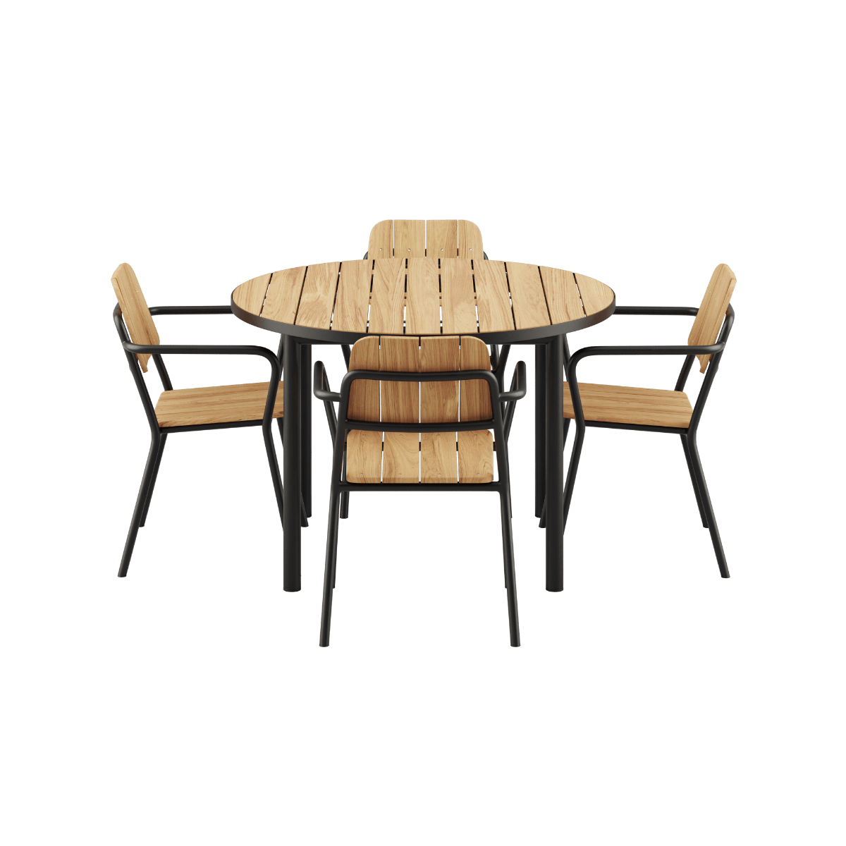 Kirra Dining Table Ø110 mit runder schwarzer Keramikplatte und 4 schwarzen Kirra Patio Stühlen aus Aluminium und Teak. | Kirra Dining Table Ø110 & 4 Kirra Patio Chair - Noir | SACKit