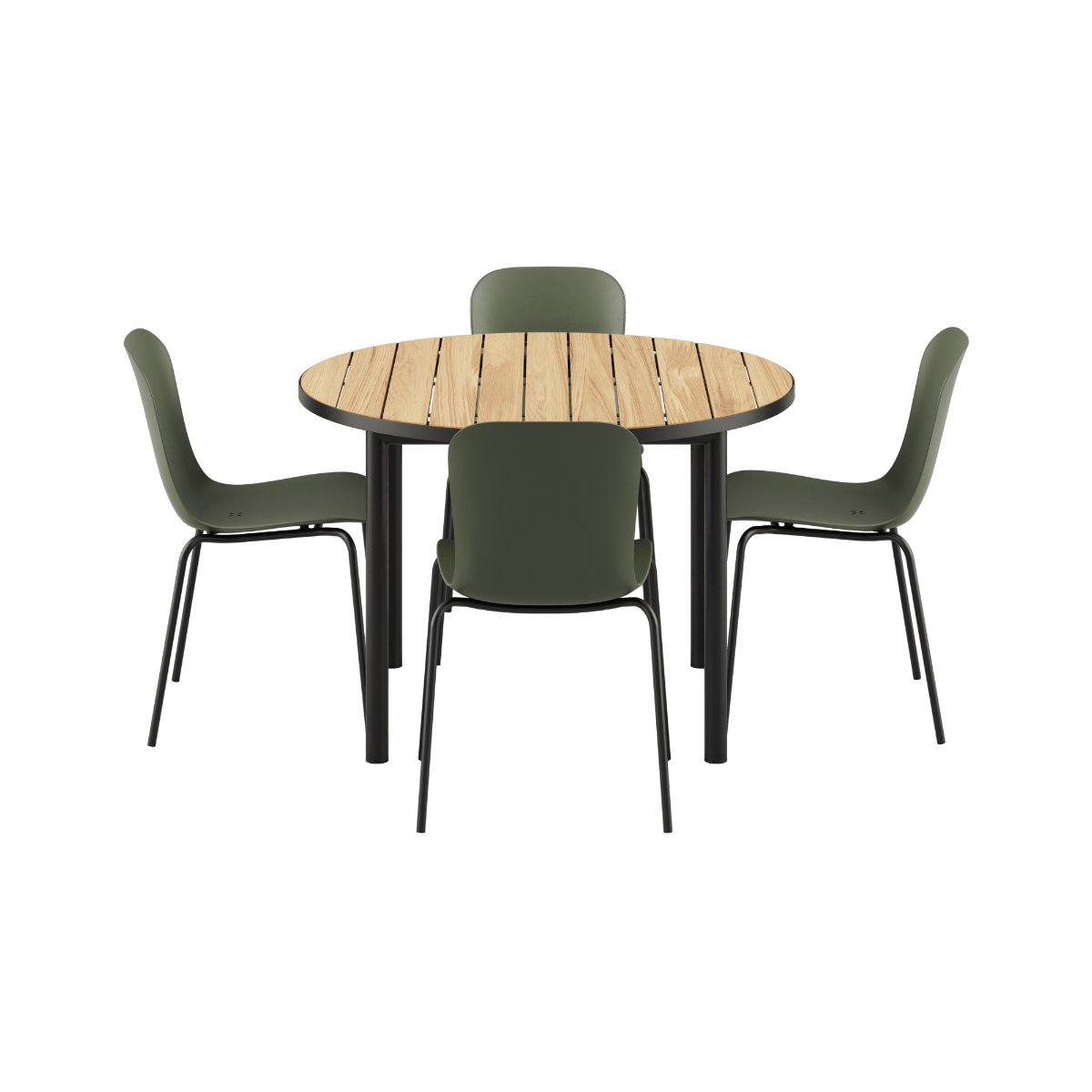 Runder Kirra Dining Table Noir mit vier Patio Chair no. One S2 Stühlen in Olive und Noir im Außenbereich | Kirra Dining Table Ø110 Noir & 4 Patio Chair No. One - Patio Chair no. One S1 Olive/ Noir | SACKit