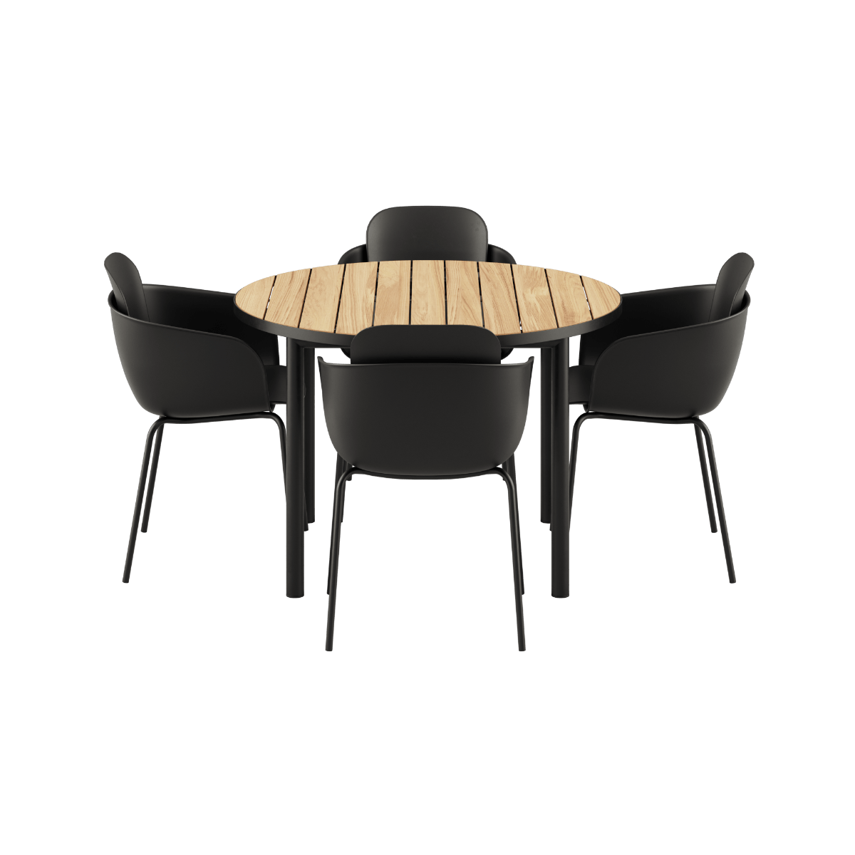 Runder Kirra Dining Table Noir mit 4 Patio Chair no. One S2 Stühlen in Olive/Noir im Outdoor - Setting. | Kirra Dining Table Ø110 Noir & 4 Patio Chair No. One - Patio Chair no. One S1 Olive/ Noir | SACKit