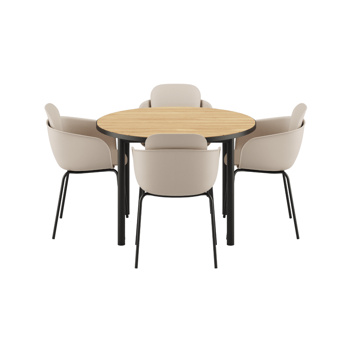 Runder Kirra Dining Table Ø110 mit pulverbeschichtetem Aluminium und vier Patio Chair no. One S2 Stühlen in Olive/Noir. | Kirra Dining Table Ø110 Noir & 4 Patio Chair No. One - Patio Chair no. One S2 Taupe/ Noir | SACKit
