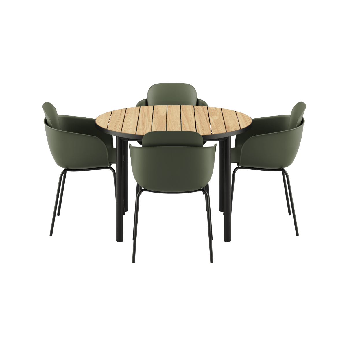 Runder Kirra Dining Table Noir mit 4 Patio Chair no. One S2 in Olive und Noir im Außenbereich. | Kirra Dining Table Ø110 Noir & 4 Patio Chair No. One - Patio Chair no. One S2 Olive/ Noir | SACKit