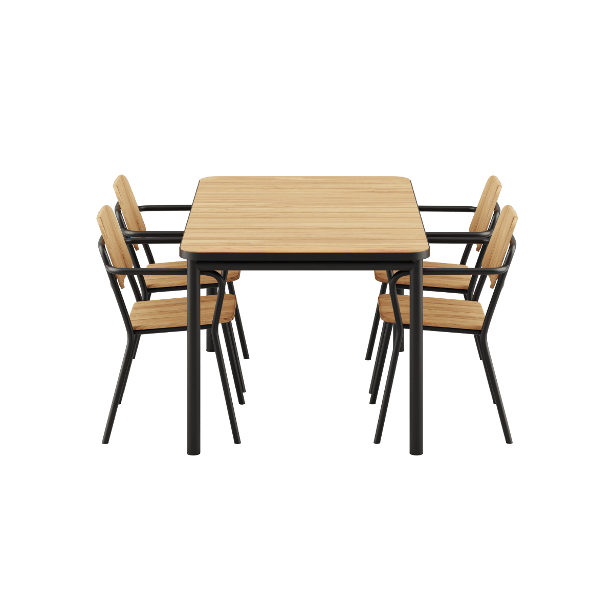 Kirra Dining Table 150x90 in Noir with four matching Patio Chair no. One S1 chairs in Noir outdoors | Kirra Dining Table & 4 Kirra Patio Chair - Noir | SACKit