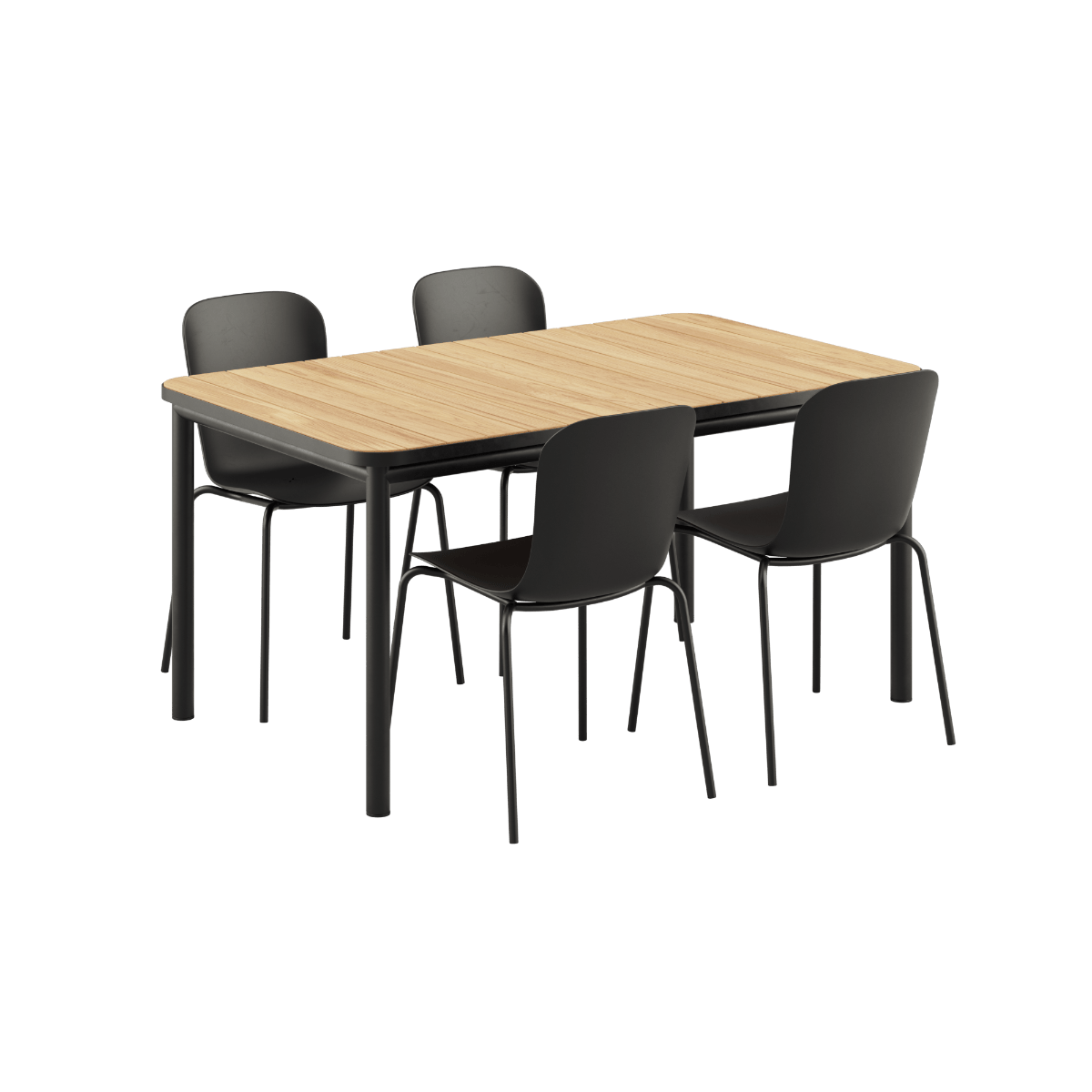 Kirra Dining Table 150x90 mit vier schwarzen Patio Chair no. One S1 Stühlen aus Aluminium und Teakholz | Kirra Dining Table Noir & 4 Patio Chair no. One - Patio Chair no. One S2 Olive/ Noir | SACKit