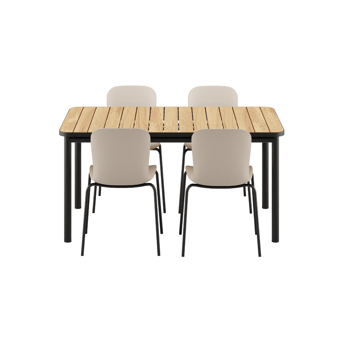 Noir Kirra Dining Table 150x90 with four Noir Patio Chair no. One S1 chairs in outdoor setting. | Kirra Dining Table Noir & 4 Patio Chair no. One - Patio Chair no. One S2 Olive/ Noir | SACKit