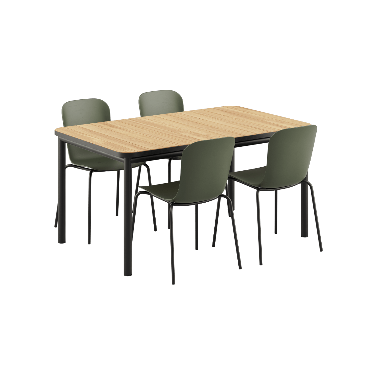 Schwarzer Kirra Dining Table 150x90 mit vier schwarzen Patio Chair no. One S1 Stühlen aus Aluminium und Teakholz. | Kirra Dining Table Noir & 4 Patio Chair no. One - Patio Chair no. One S2 Olive/ Noir | SACKit