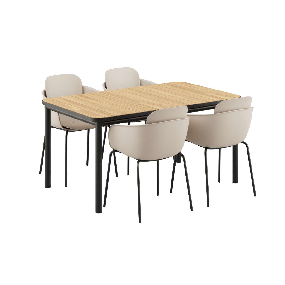 Noir Kirra Dining Table 150x90 with four Noir Patio Chair no. One S1 chairs in matching color. | Kirra Dining Table Noir & 4 Patio Chair no. One - Patio Chair no. One S2 Olive/ Noir | SACKit
