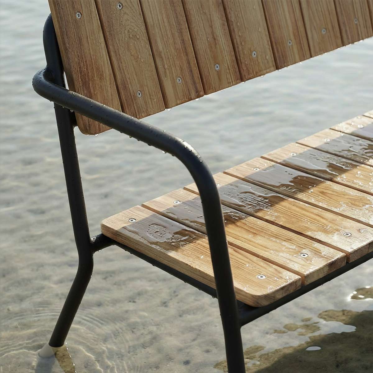 Kirra Patio Bench in Noir mit pulverbeschichtetem Aluminiumgestell und Teakholz - Sitzfläche, Outdoor - Bank. | Kirra Patio Bench - Noir | SACKit