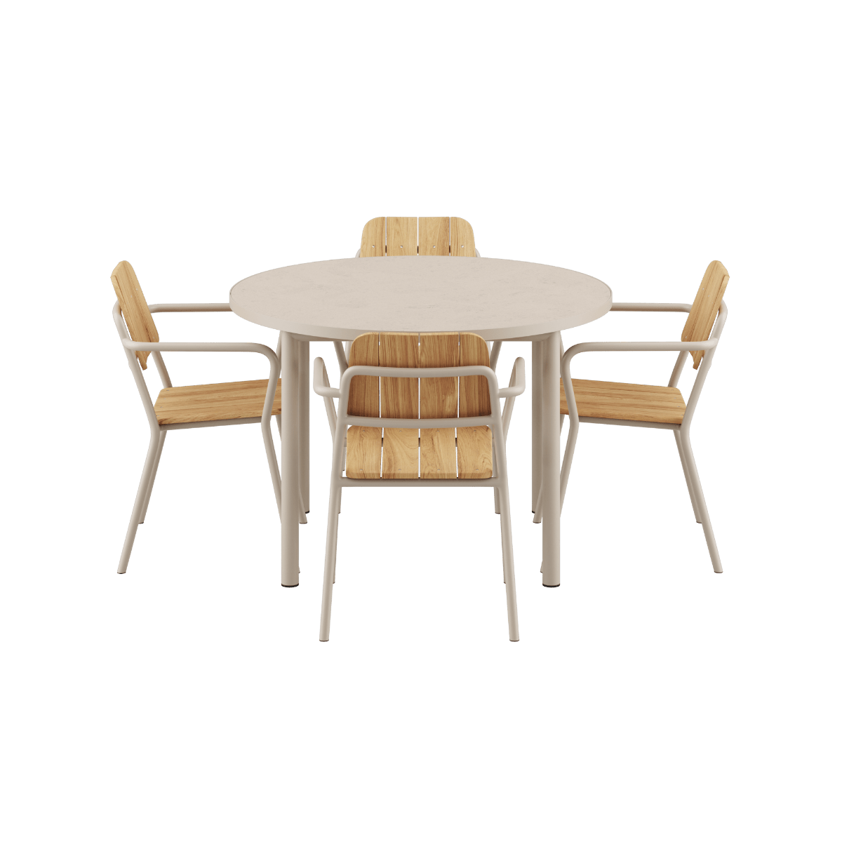 Rundes Kirra Dining Table Ø110 mit Keramikplatte und 4 Kirra Patio Stühlen in Taupe im Außenbereich | Kirra Dining Table O110 Ceramic & 4 Kirra Patio Chair - | SACKit
