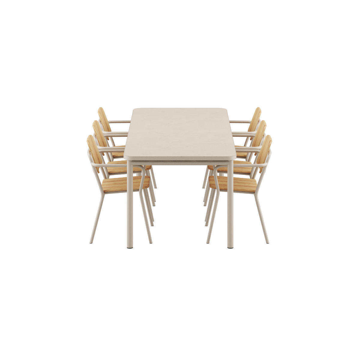 Kirra Dining Table mit Keramikplatte und sechs Kirra Patio Chairs aus Aluminium und Teakholz in Taupe. | Kirra Dining Table Ceramic & 6 Kirra Patio Chair - | SACKit