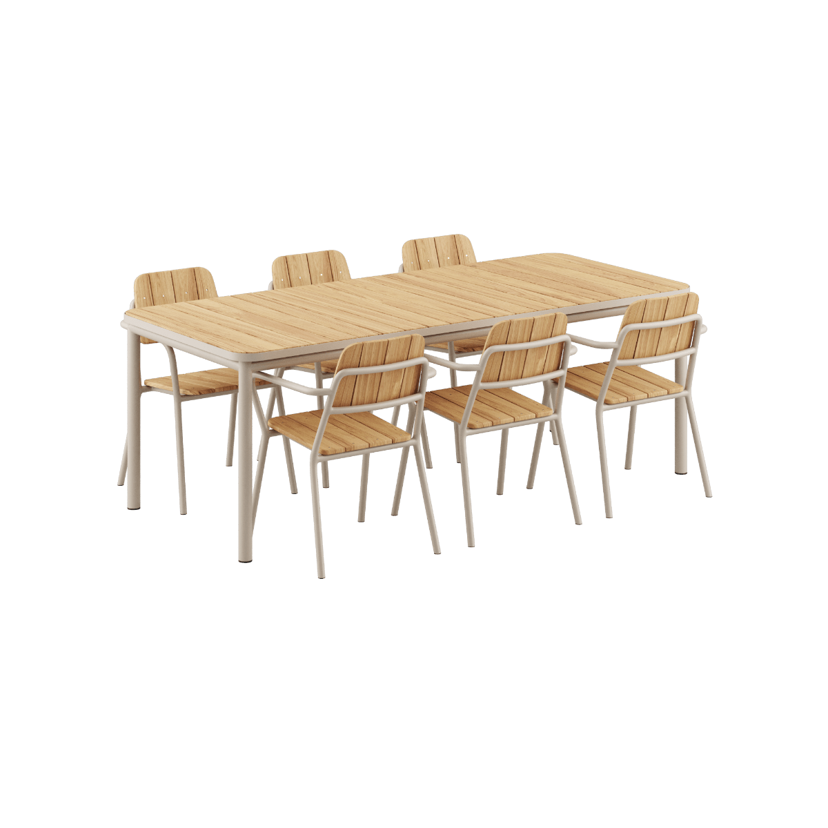 Taupe Kirra Dining Table 210x90 with six matching Kirra Patio Chairs in outdoor setting | Kirra Dining Table & 6 Kirra Patio Chair - Taupe | SACKit