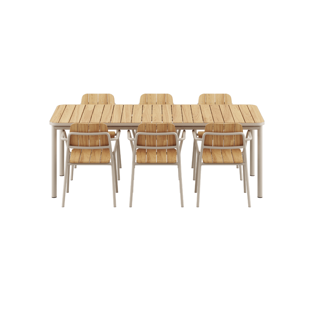 Kirra Dining Table 210x90 mit 6 Kirra Patio Chairs in Taupe, Outdoor - Set aus Aluminium und Teakholz | Kirra Dining Table & 6 Kirra Patio Chair - Taupe | SACKit