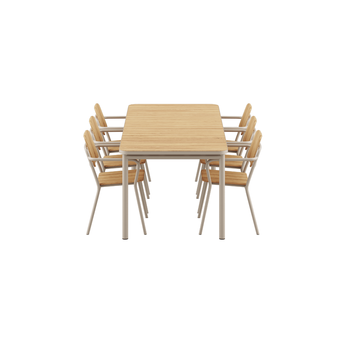 Kirra Dining Table 210x90 und 6 Kirra Patio Chairs in Taupe aus Aluminium und Teakholz im Außenbereich | Kirra Dining Table & 6 Kirra Patio Chair - Taupe | SACKit
