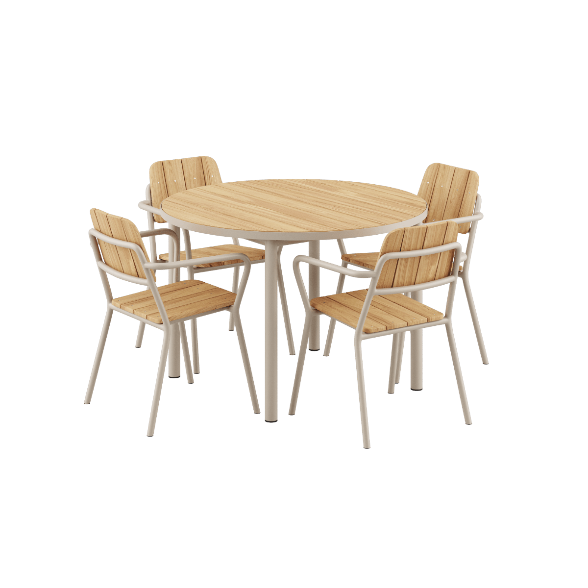 Kirra Dining Table Ø110 und 4 Kirra Patio Chairs in taupe, rundes Outdoor - Set aus Aluminium und Teakholz. | Kirra Dining Table Ø110 & 4 Kirra Patio Chair - Taupe | SACKit