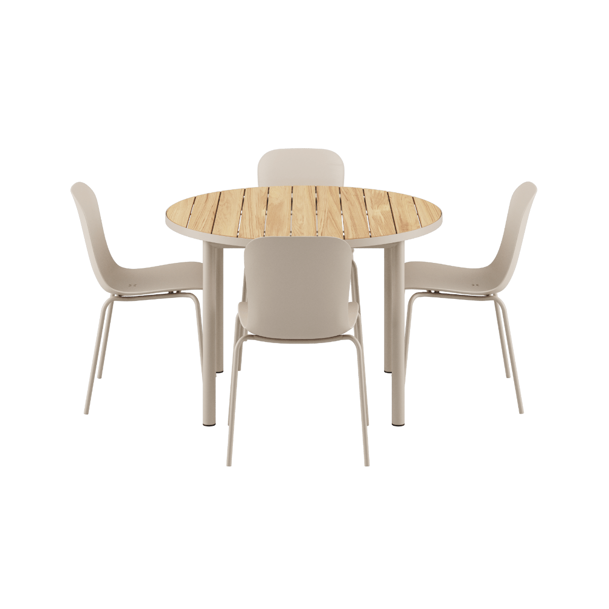 Runder Kirra Dining Table Ø110 in Taupe mit 4 Patio Chair no. One S2 Stühlen im Außenbereich | Kirra Dining Table Ø110 Taupe & 4 Patio Chair No. One - Patio Chair no. One S1 | SACKit